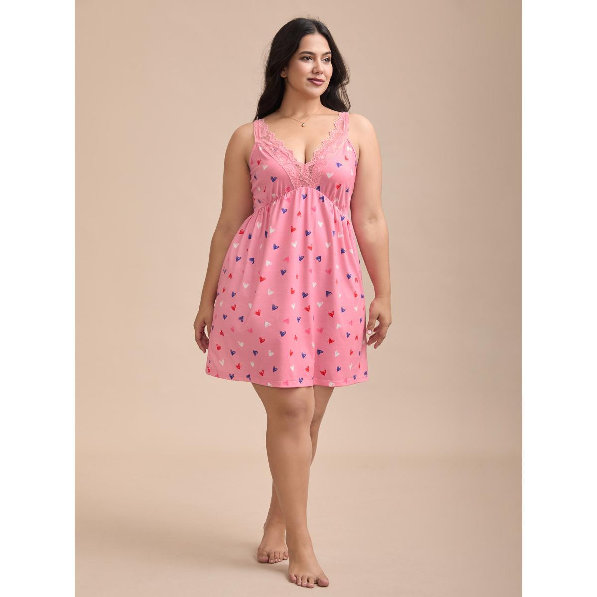 Plus Size Multi-Color Lace Trim Stitch Lounge Dress Women Watermelon Lounge Woven ribbon&lace trim Deep V-neck Loungewear BloomChic 14-16/1X Product Image