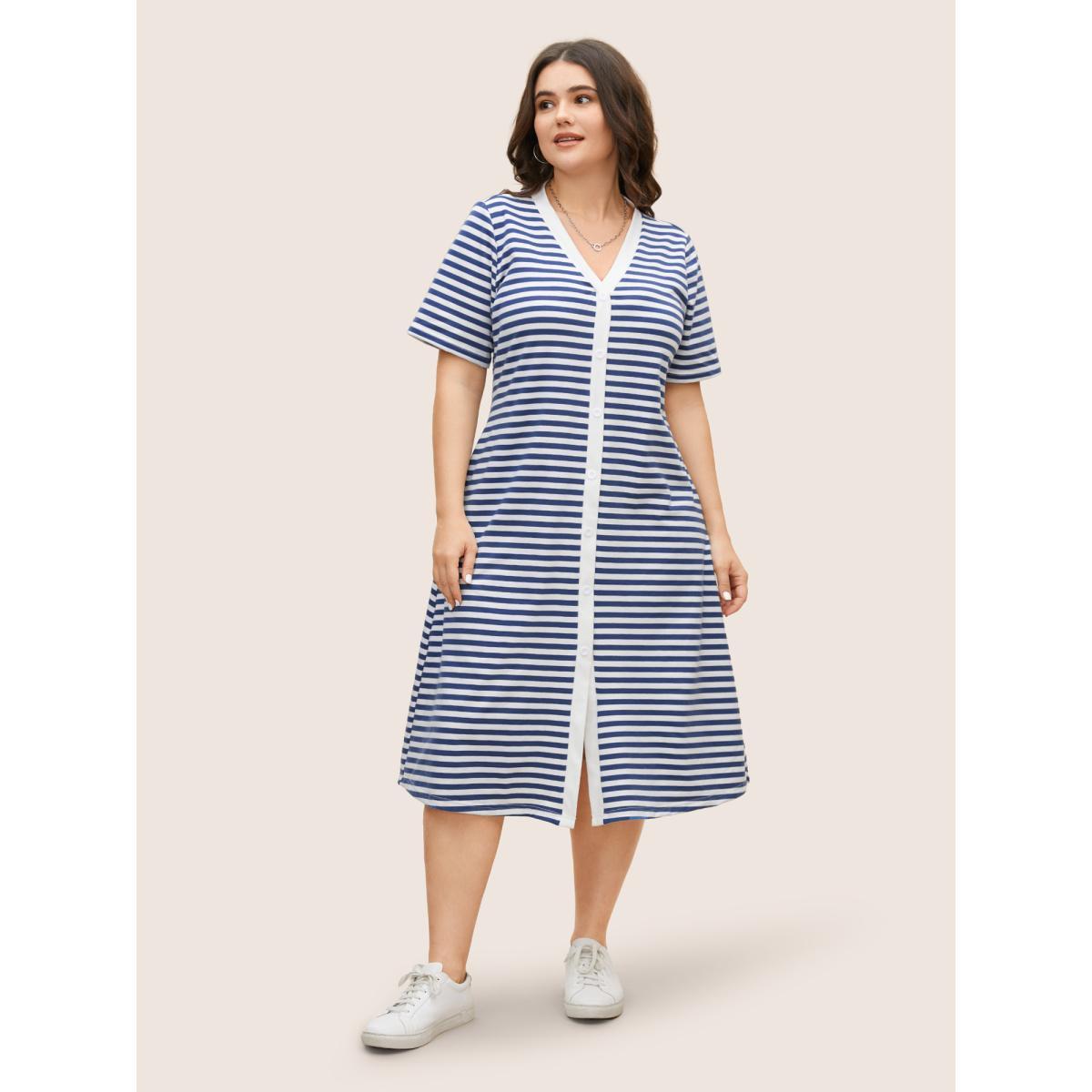 Plus Size Contrast Striped Button Detail Midi Dress Mediumblue Women Casual Button V-neck Short sleeve Curvy BloomChic 26/4X Product Image