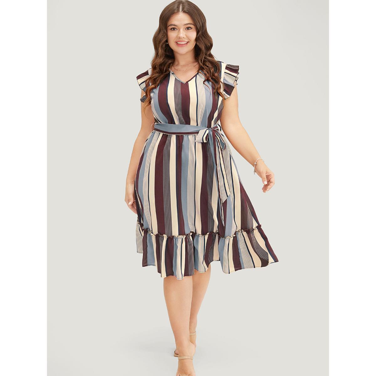 Plus Size Striped Contrast Cap Sleeve Belted Pocket Ruffle Hem Dress Burgundy Women Vacation Contrast V-neck Cap Sleeve Curvy Knee Dress BloomChic 26/4X Product Image