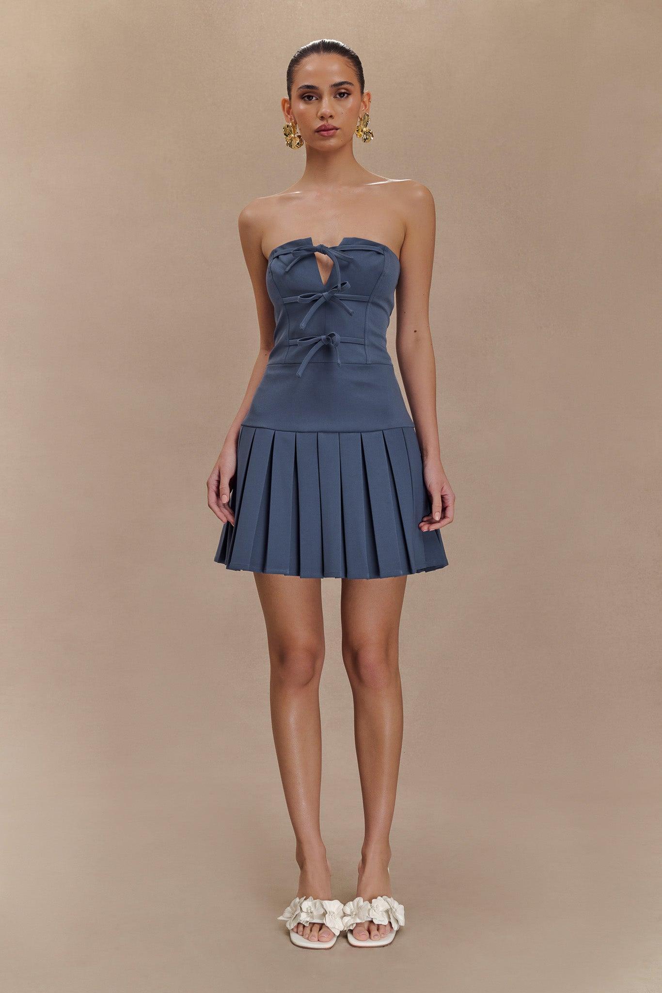 Naya Pleated Mini Dress With Ties - Steel Product Image