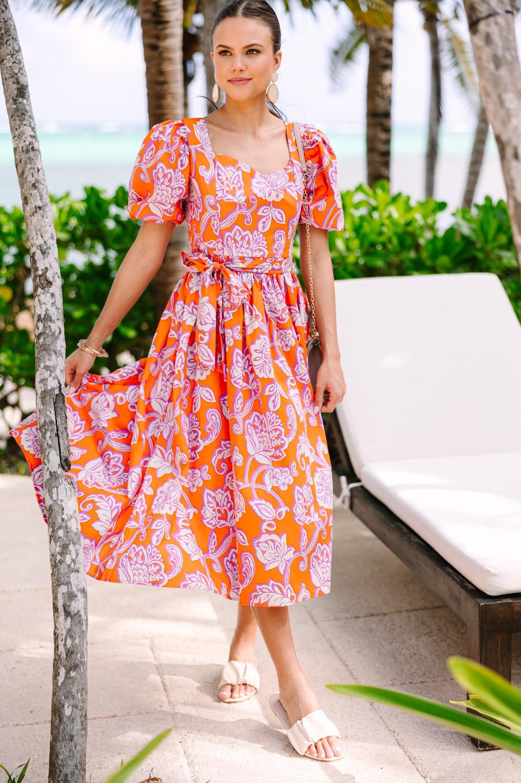 All For Love Orange Floral Midi Dress Female Product Image