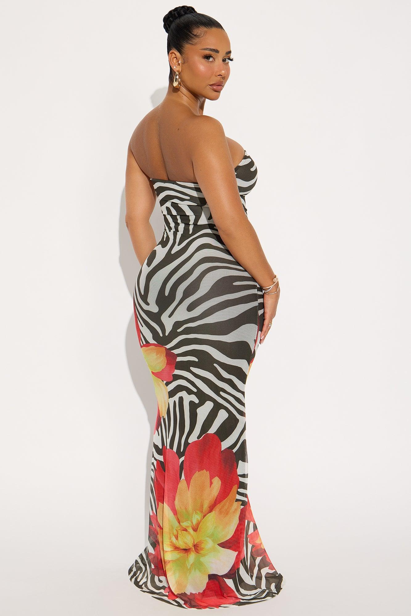 Zebra Mesh Strapless Maxi Dress - Black/White Product Image