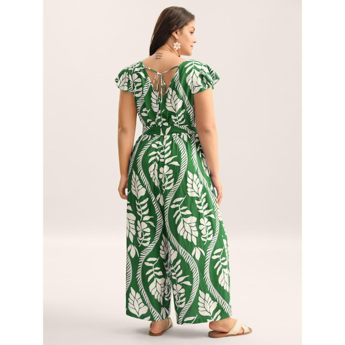 Plus Size DarkGreen Large Floral Print Pockets Jumpsuit Women Cap Sleeve Overlap Collar Vacation Loose Jumpsuits BloomChic 26/4X Product Image