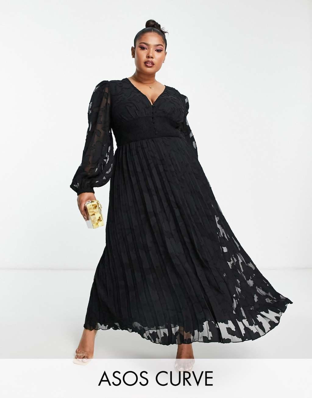 ASOS DESIGN Curve burnout button through shirred waist pleated midi dress Product Image