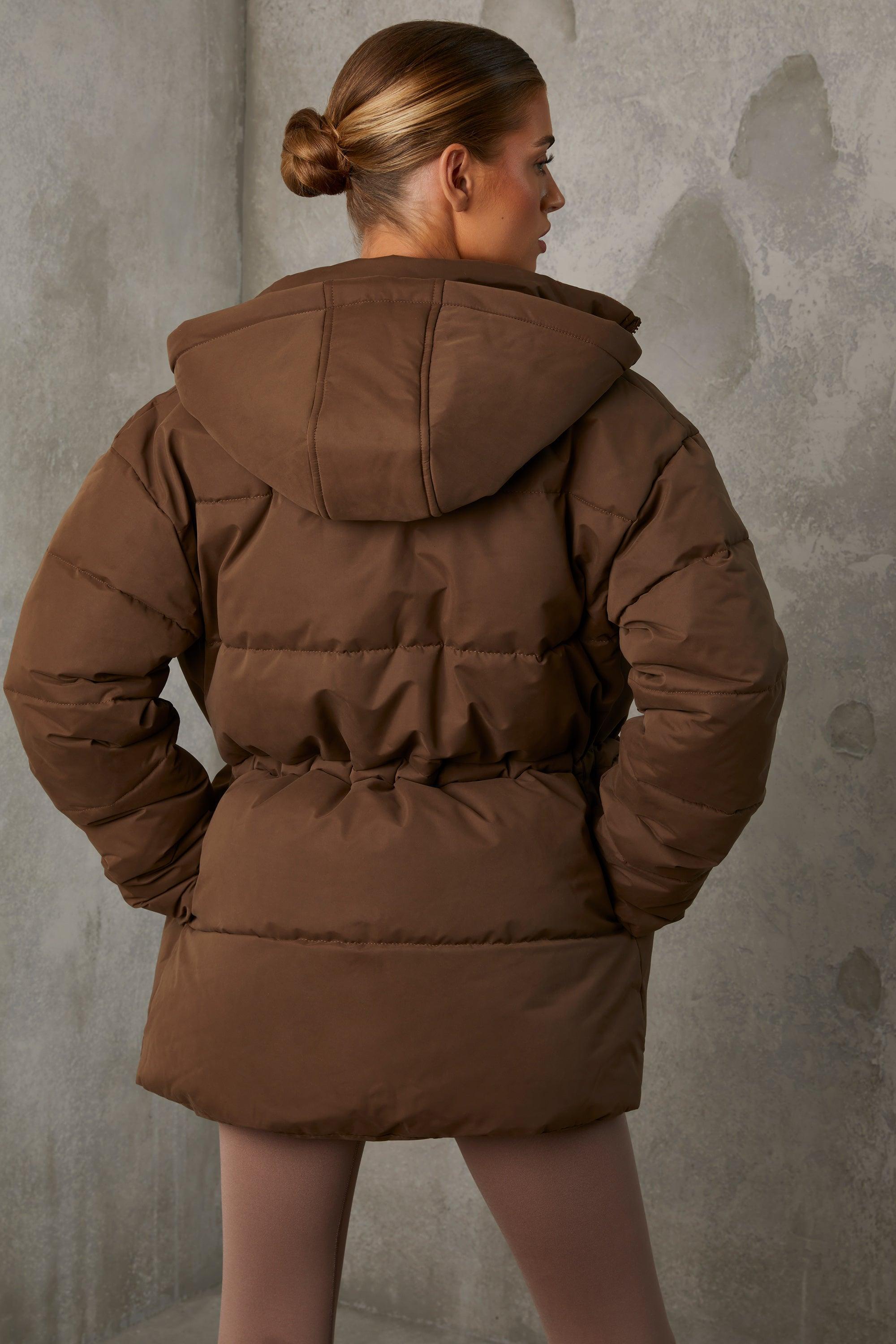 Mid Length Hooded Puffer Coat in Cocoa Brown Product Image