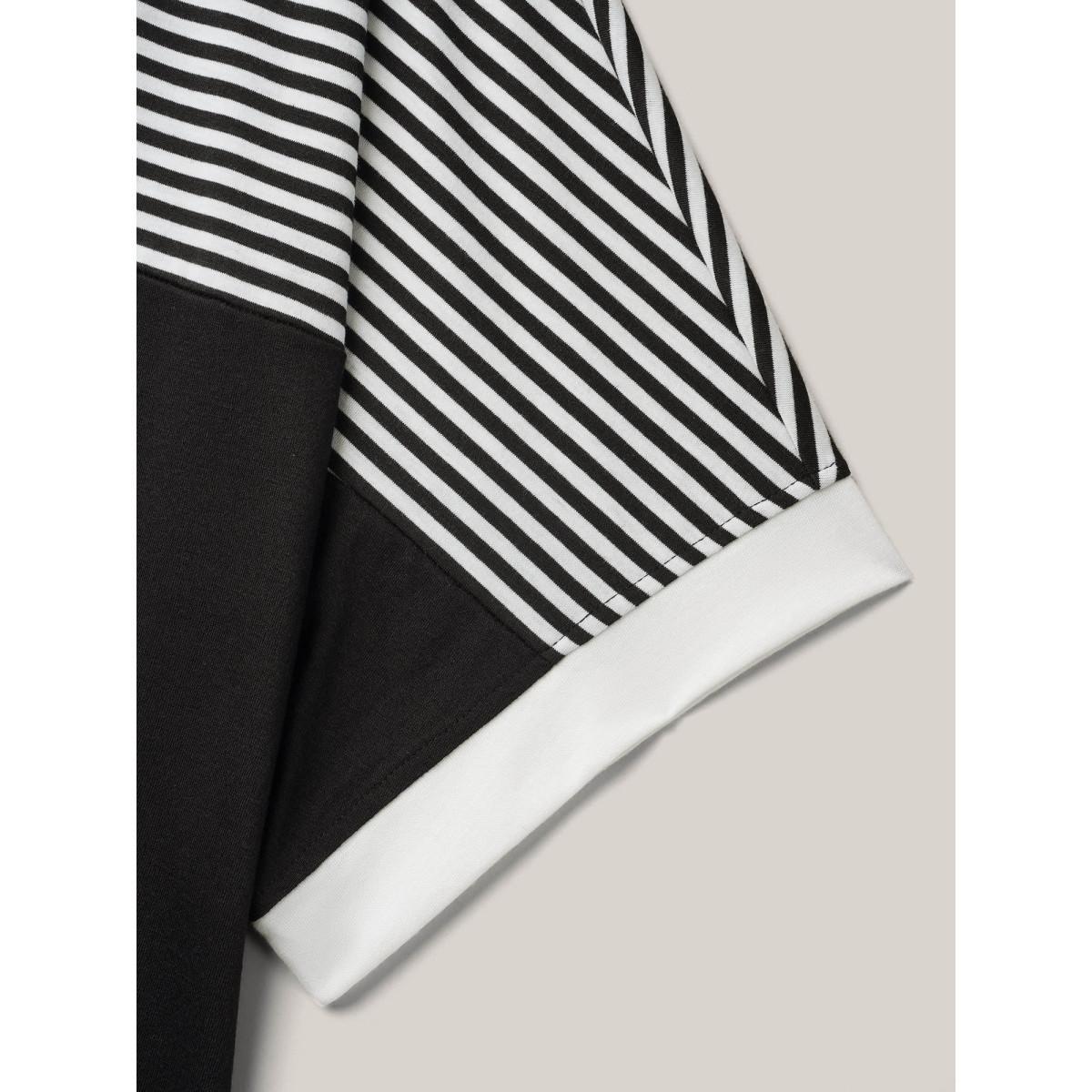 Plus Size Solid and Striped Contrast Hem T-Shirt Black Women Casual Contrast Round Neck Everyday T-shirts BloomChic 18-20/2X Product Image