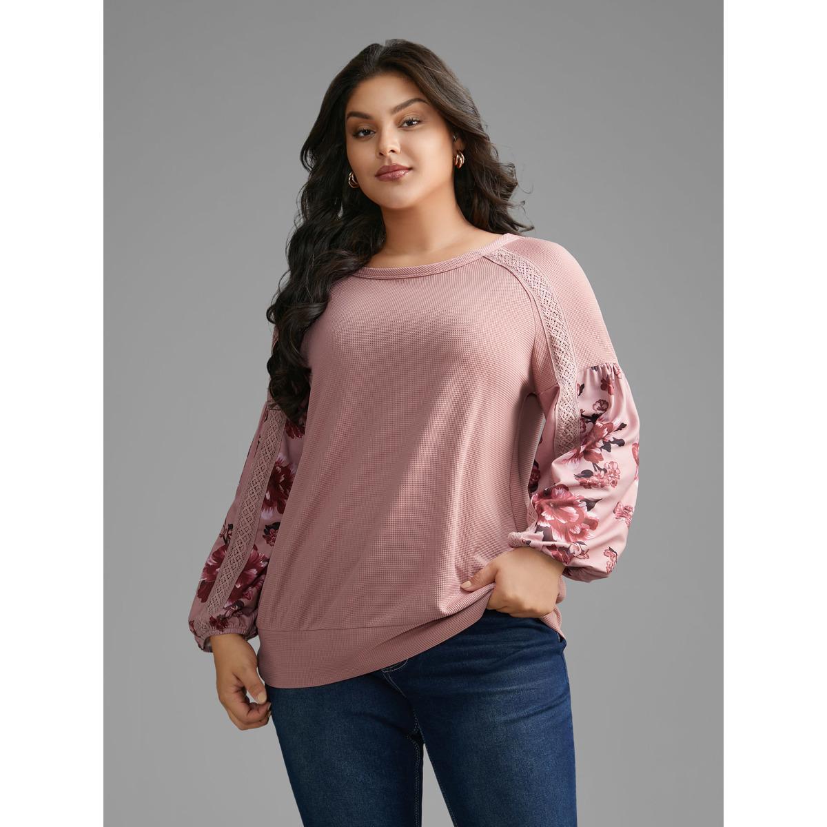 Plus Size Round Neck Floral Patchwork Woven Ribbon Sweatshirt Women Multicolor Elegant Woven ribbon&lace trim Round Neck Everyday Sweatshirts BloomChic 12/L Product Image