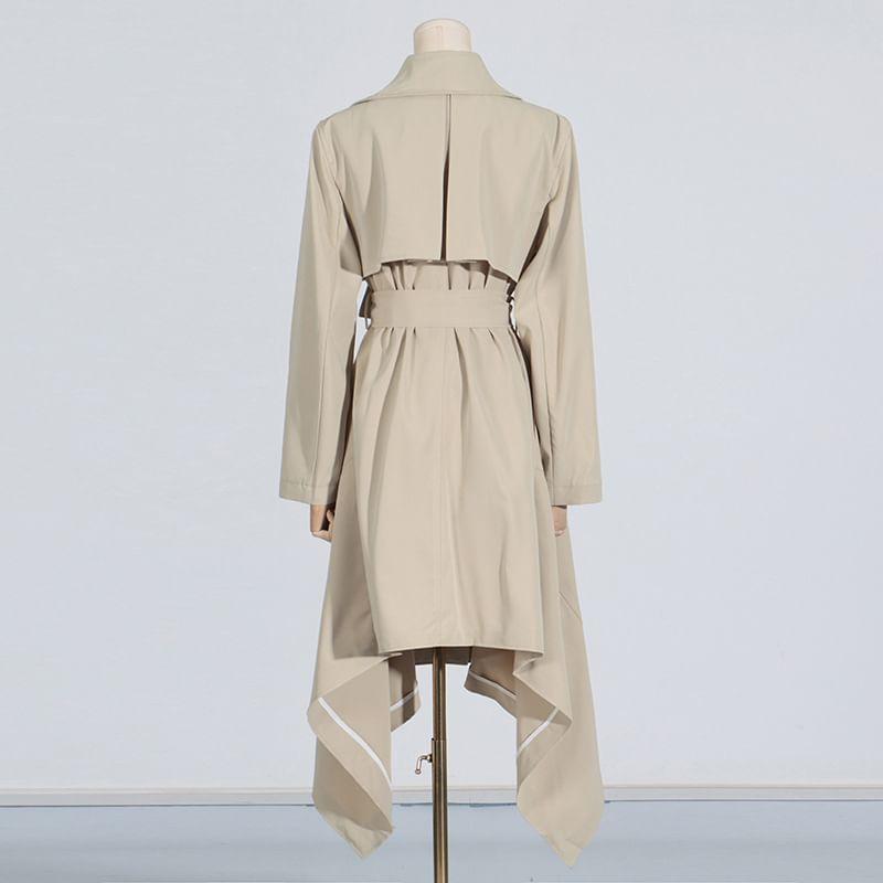 Collared Plain Panel High-Low Button Trench Coat Product Image