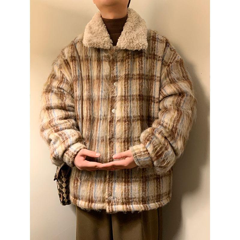 Fleece Collar Plaid Button-Up Jacket Product Image