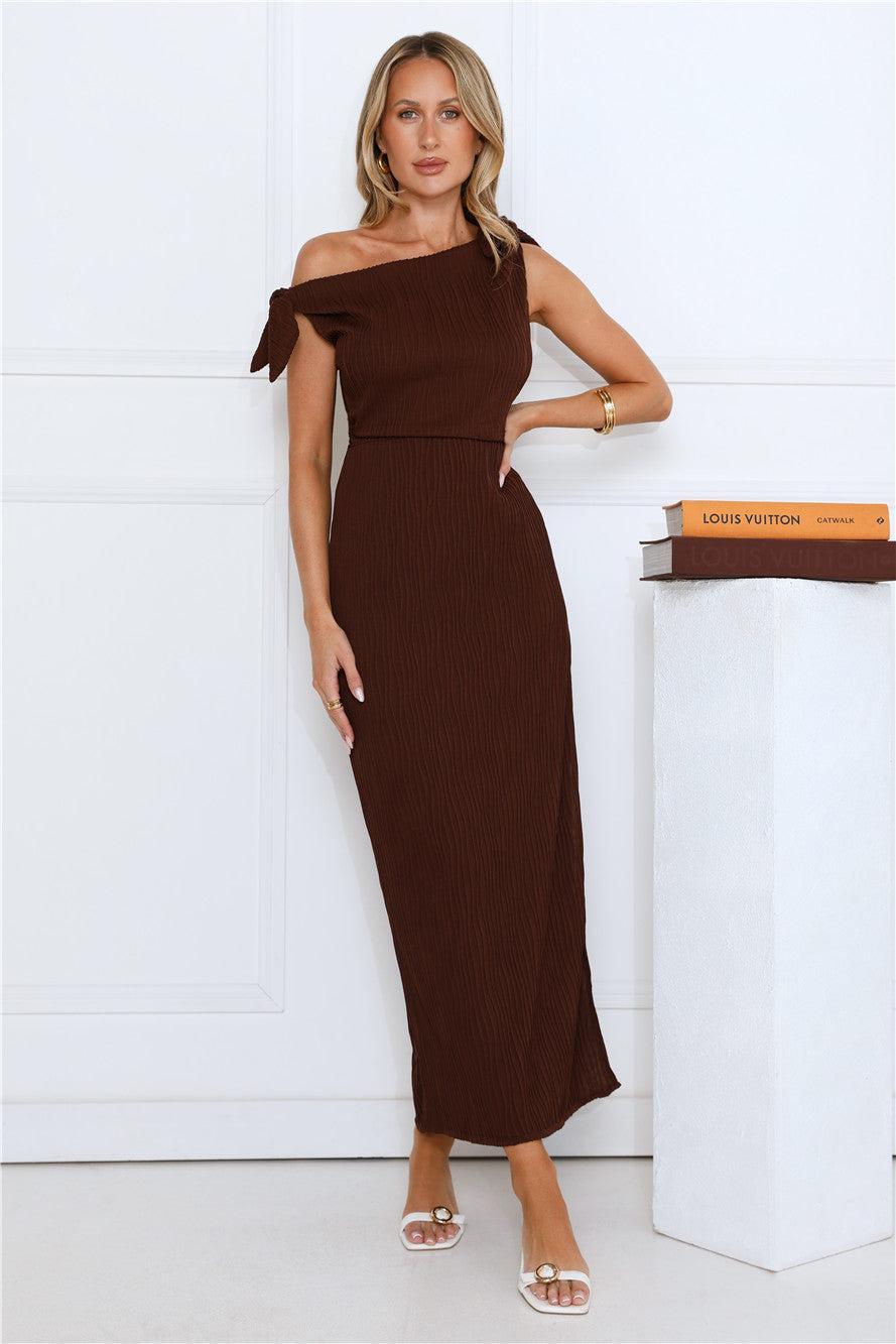 Polished Energy Off Shoulder Maxi Dress Brown Product Image
