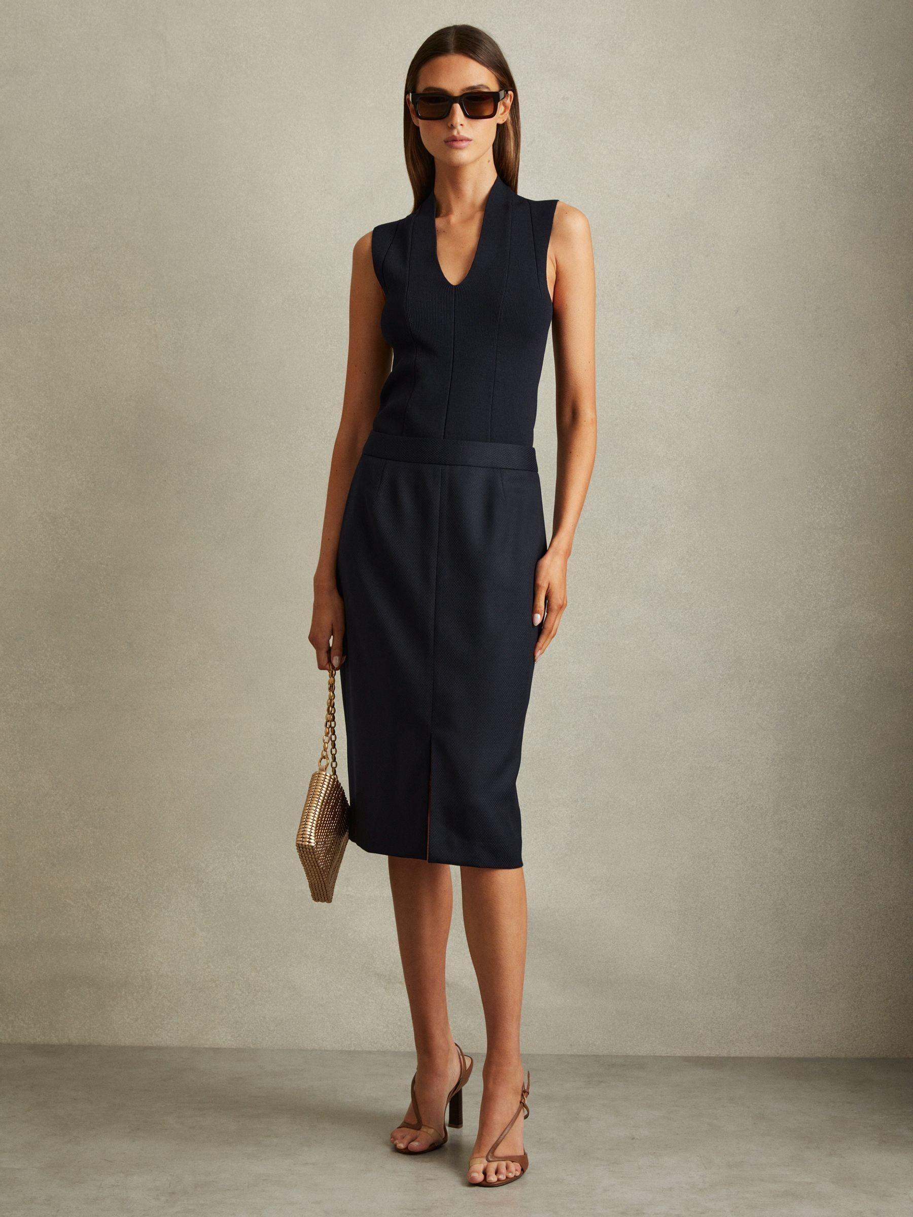 Petite Textured Pencil Midi Suit Skirt in Navy Product Image