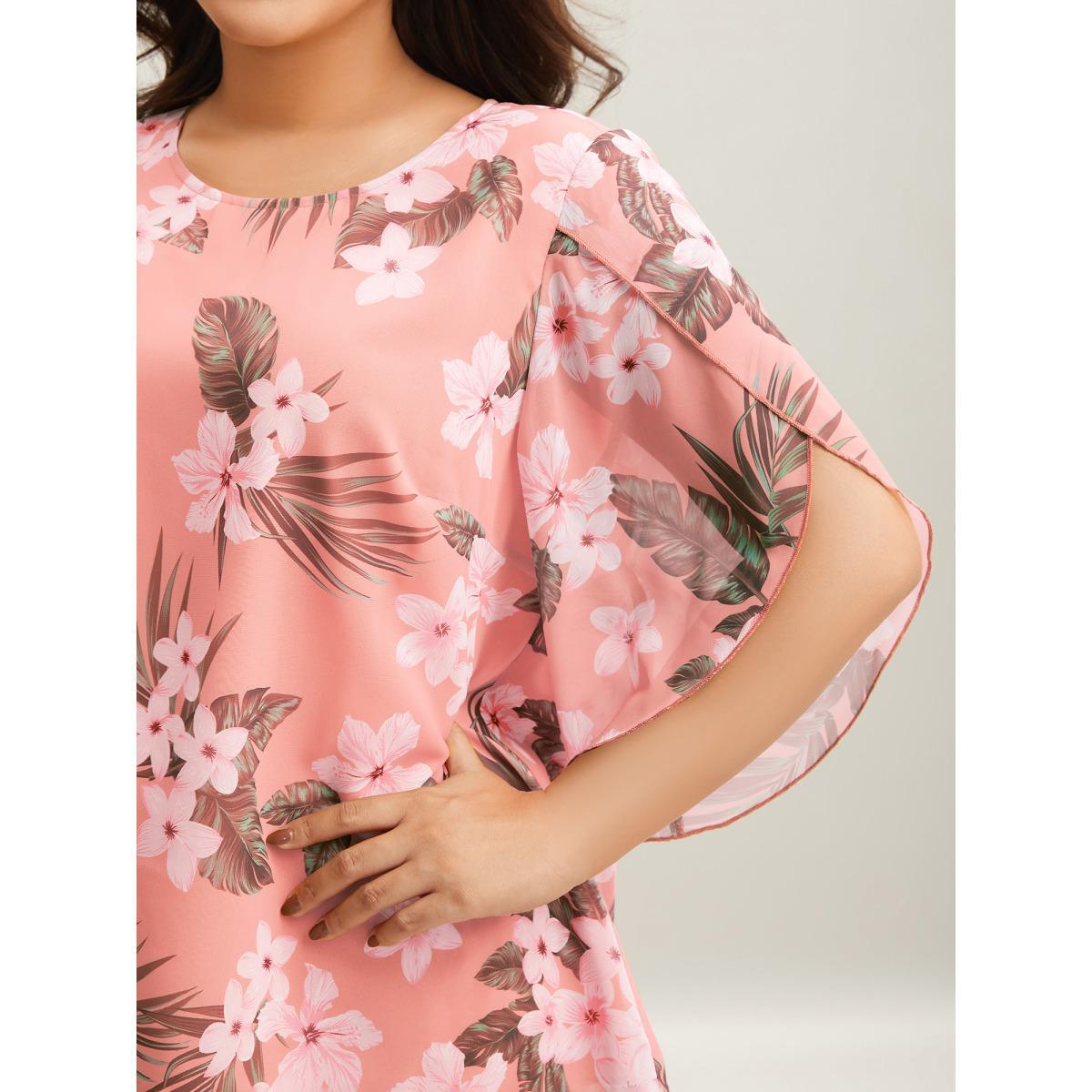 Plus Size MistyRose Petal Sleeve Floral Round Neck Shirt Women Elegant Elbow-length sleeve Round Neck Everyday Blouses BloomChic 26/4X Product Image