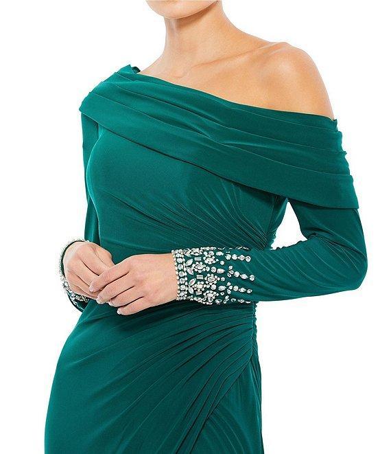 Mac Duggal Beaded Cuff Drop Shoulder Asymmetrical One Shoulder Long Sleeve Thigh High Slit Gown Product Image