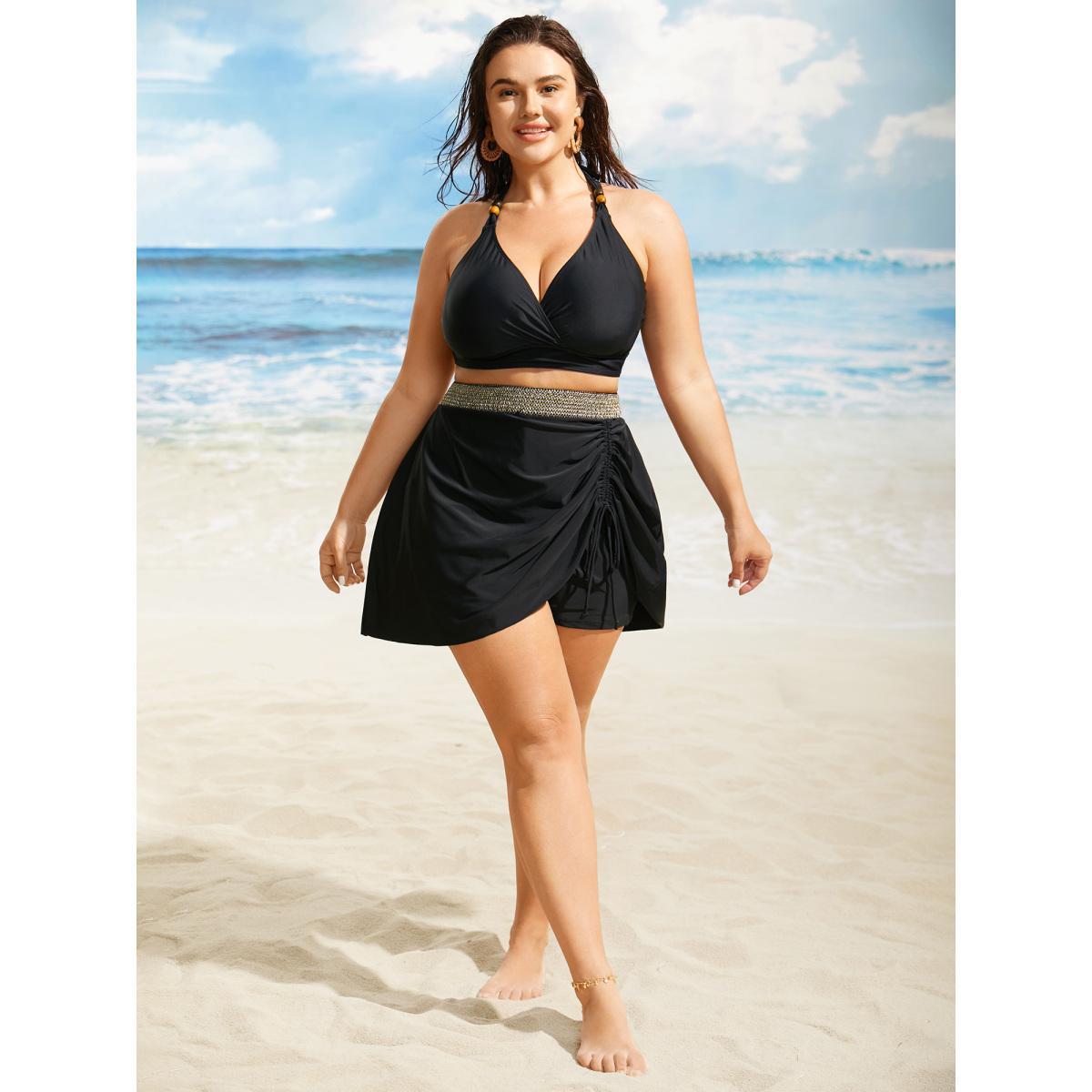Plus Size Contrast Webbing Patchwork Drawstring Gathered Swim Bottom Women's Swimwear Black Beach Woven ribbon&lace trim High stretch Skinny High Rise Side seam pocket Curve Swim Bottoms BloomChic 28/5X Product Image