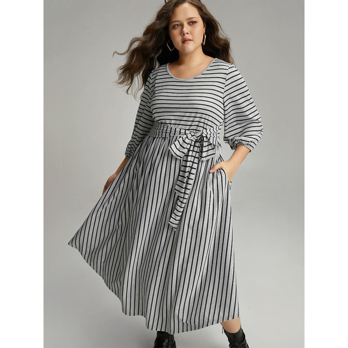 Plus Size Striped Ties Lantern Sleeve Curved Hem Dress Gray Women Casual Elastic cuffs Round Neck Elbow-length sleeve Curvy Midi Dress BloomChic 30/6X Product Image