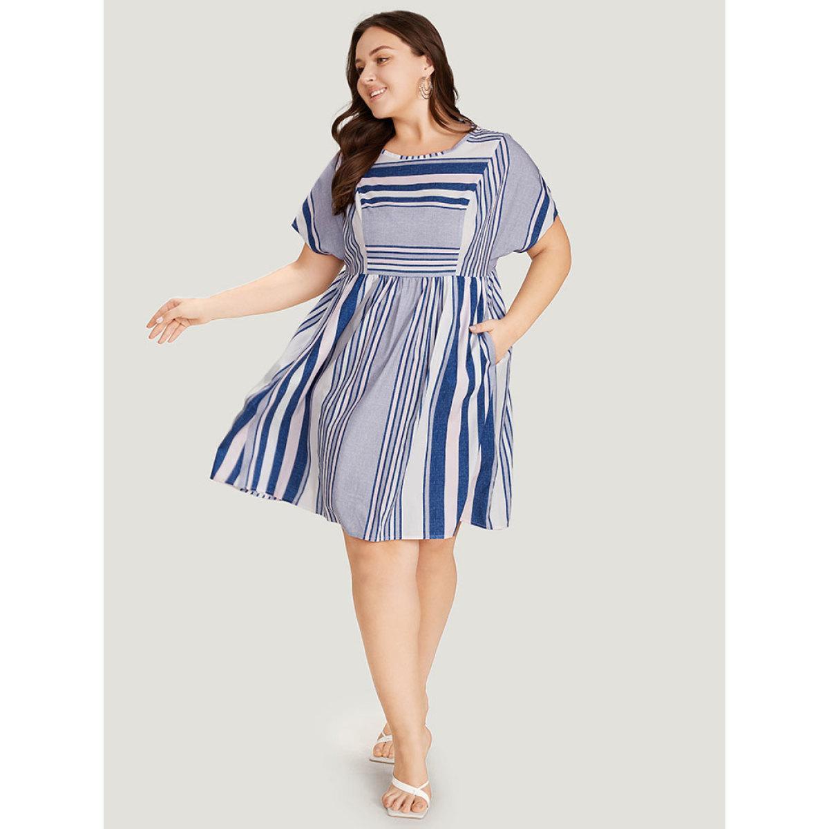 Plus Size Striped Print Patchwork Ruffle Sleeve Ruched Dress DarkBlue Women Vacation Round Neck Short sleeve Curvy Knee Dress BloomChic 26/4X Product Image