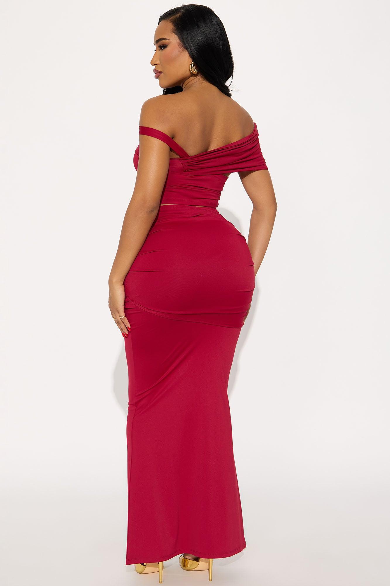 Pretty And Poised Off Shoulder Ruched Maxi Skirt Set - Wine Female Product Image