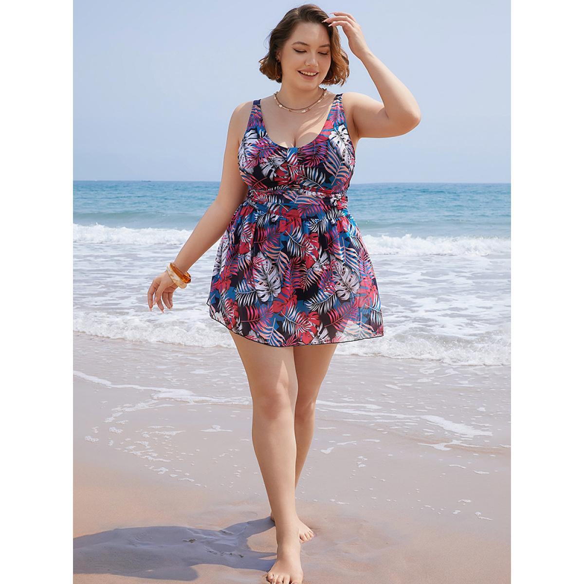 Plus Size Plant Print Contrast Ruffle Hem A Line Ruched Swim Dress Women's Swimwear Indigo Vacation Bodycon V-neck High stretch Curve Swim Dresses BloomChic 14-16/1X Product Image