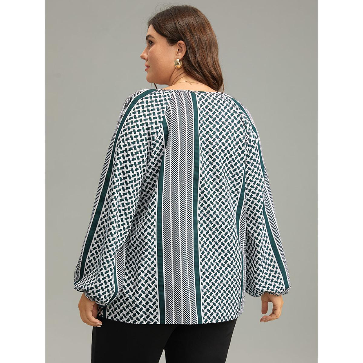 Plus Size Teal Geo Striped Tie Lantern Sleeve Blouse Women Resort Long Sleeve Tie Neck Vacation Blouses BloomChic 12/L Product Image