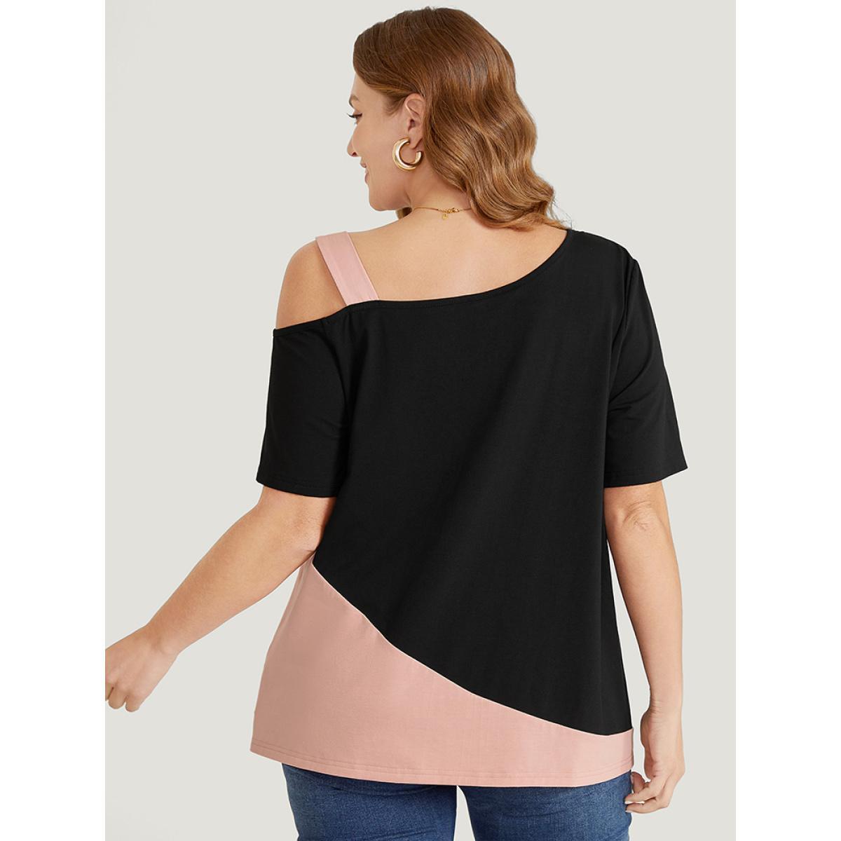 Plus Size Two Tone Asymmetrical Neck T-shirt Black Women Elegant Contrast Colorblock Asymmetrical Neck Dailywear T-shirts BloomChic 22-24/3X Product Image