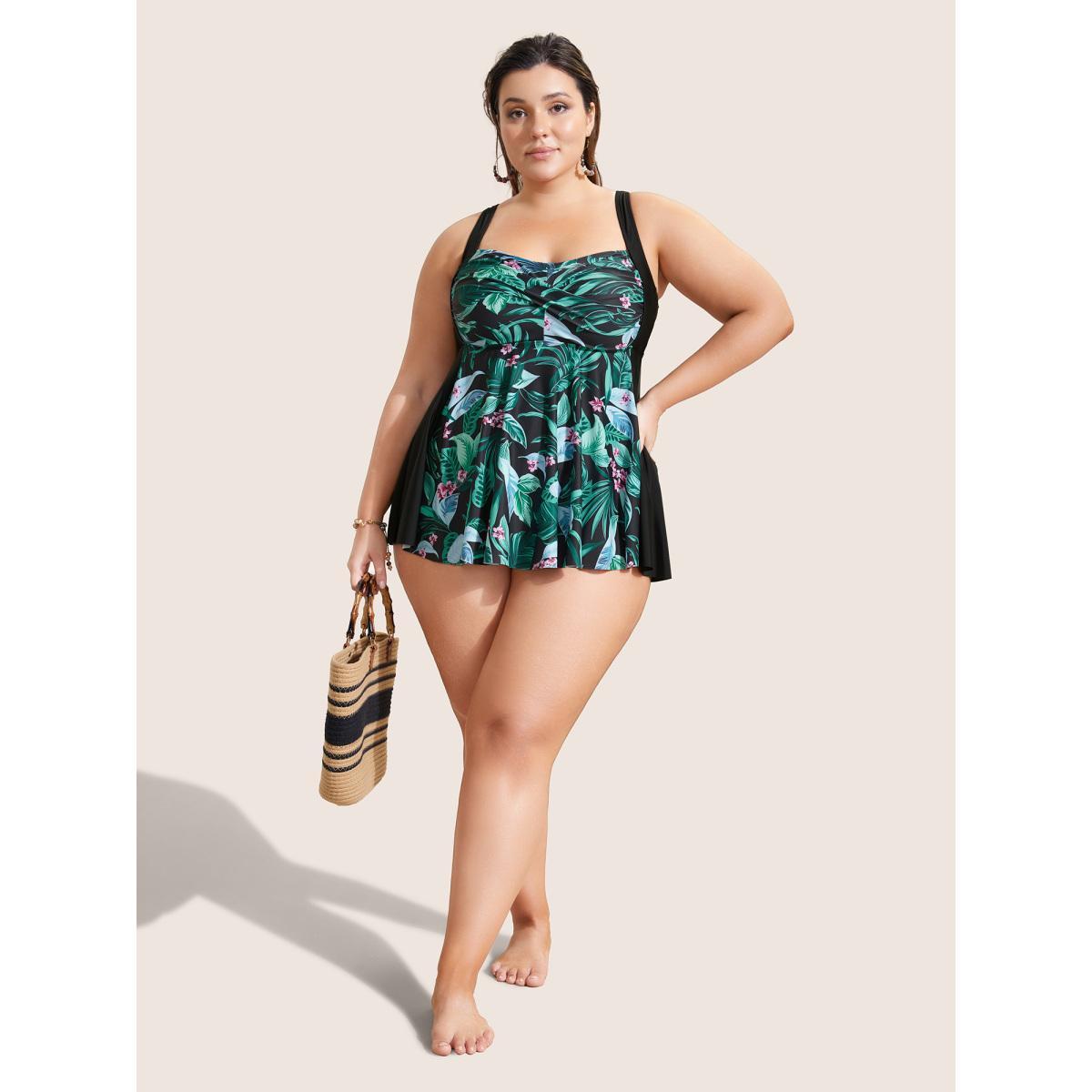 Plus Size Tropical Print Crossover Swim Top Women's Swimwear Multicolor Beach Twist High stretch Bodycon Heart neckline Curve Swim Tops BloomChic 30/6X Product Image