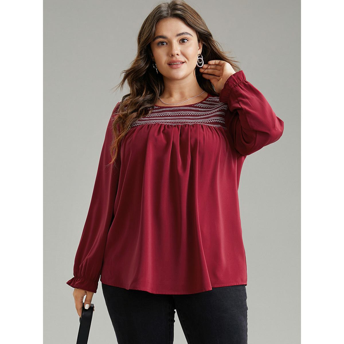 Plus Size Scarlet Contrast Trim Plicated Detail Flutter Sleeve Blouse Women Office Long Sleeve Round Neck Work Blouses BloomChic 28/5X Product Image