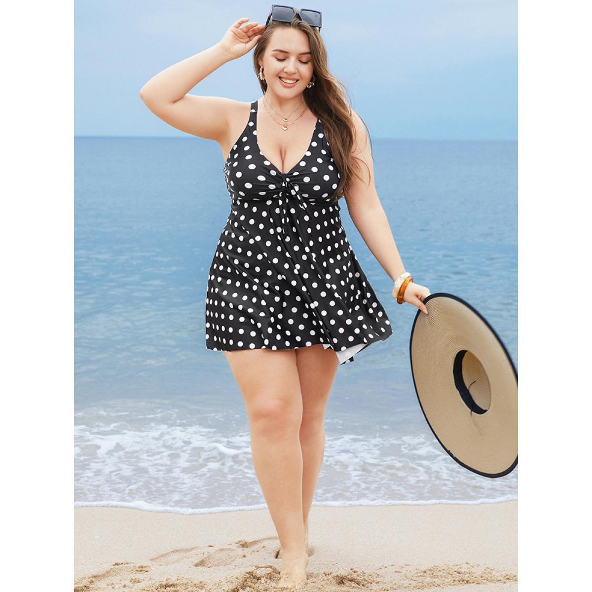 Plus Size Polka Dot Twist Front Adjustable Straps Swim Dress Women's Swimwear BlackFlower Vacation Bodycon Deep V-neck High stretch Curve Swim Dresses BloomChic 10/M Product Image