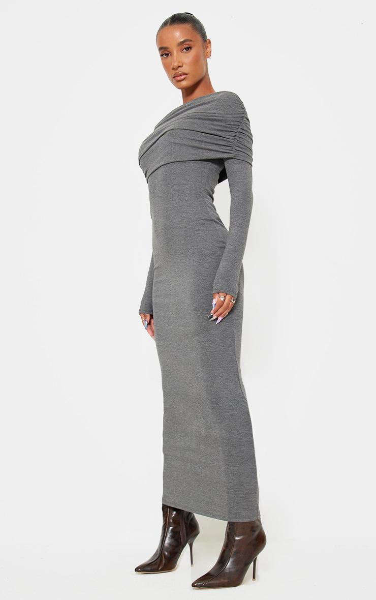 Charcoal Grey Ruched Overlay Long Sleeve Maxi Dress Product Image