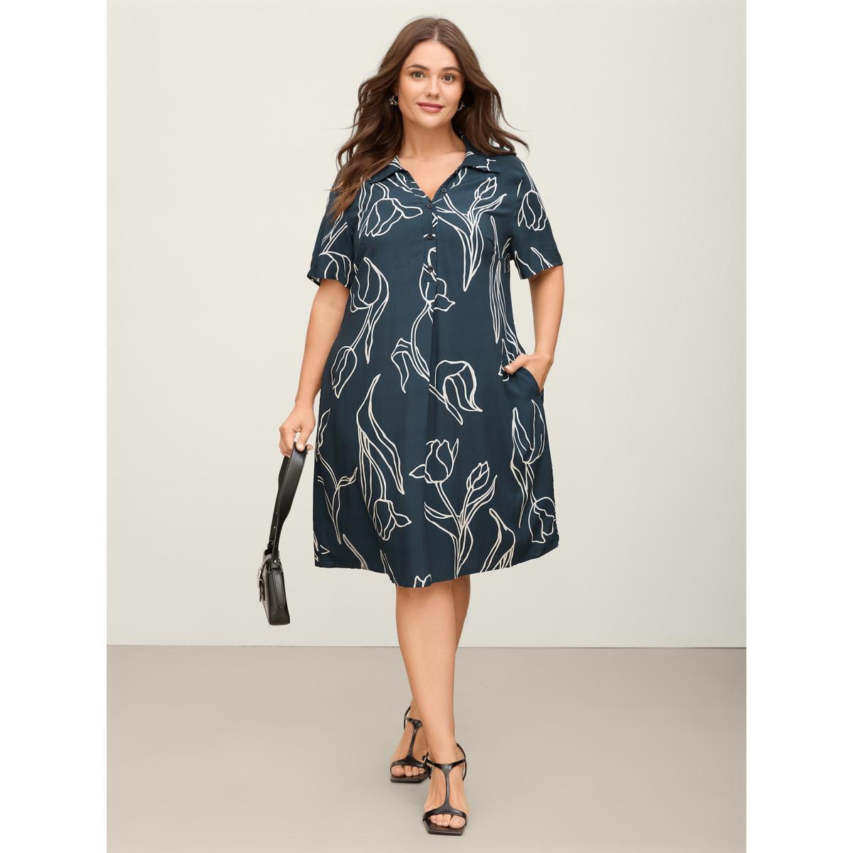 Plus Size Floral Print Cinched Flared Knee-Length Dress DarkBlue Women Shirt collar Short sleeve Curvy BloomChic 10/M Product Image