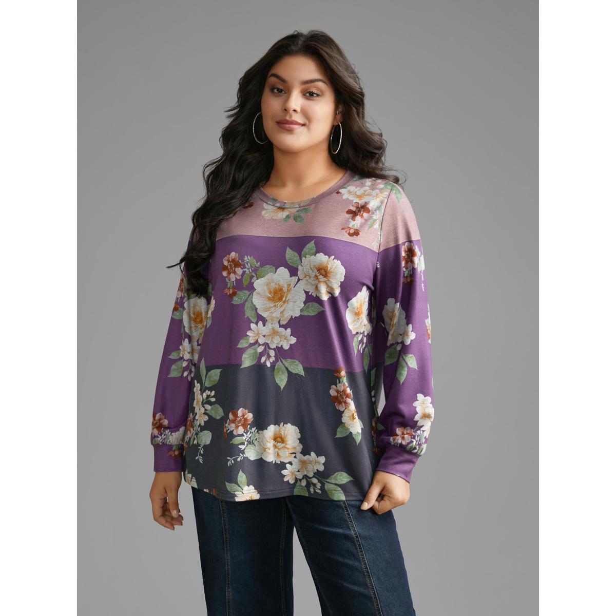 Plus Size Natural Flowers Contrast Round Neck Sweatshirt Women Multicolor Casual Contrast Loose Round Neck Everyday Sweatshirts BloomChic 22-24/3X Product Image