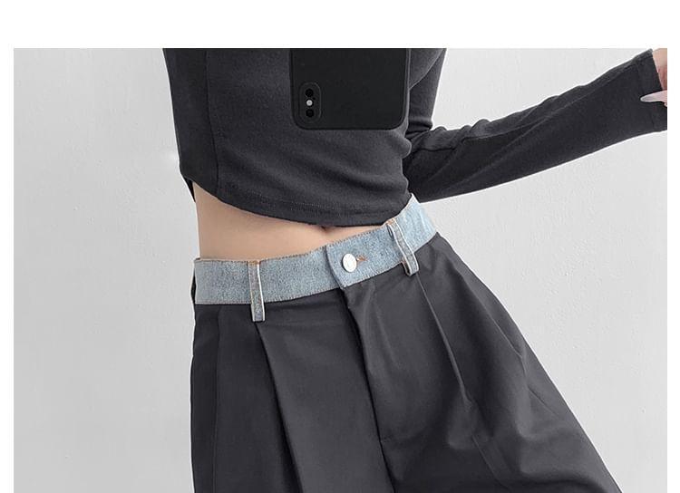 Denim-Waistline Pleated Straight-Cut Loose Dress Pants Product Image