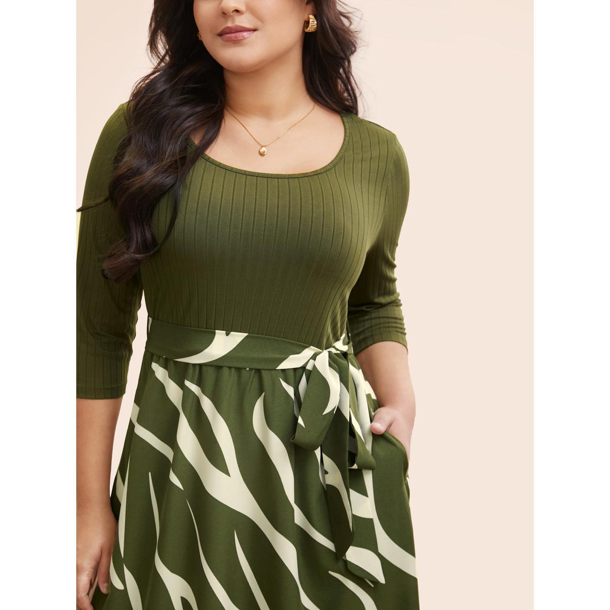 Plus Size Geometric Texture Patchwork Belted Dress ArmyGreen Women Elegant Texture Round Neck Elbow-length sleeve Curvy BloomChic 18-20/2X Product Image