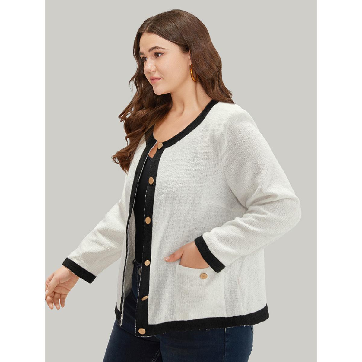 Plus Size Two Tone Tweed Buckle Detail Pocket Blazer White Women Work Plain Texture Sleeve Long Sleeve Round Neck 12/L Pocket Work From Home Blazers BloomChic Product Image