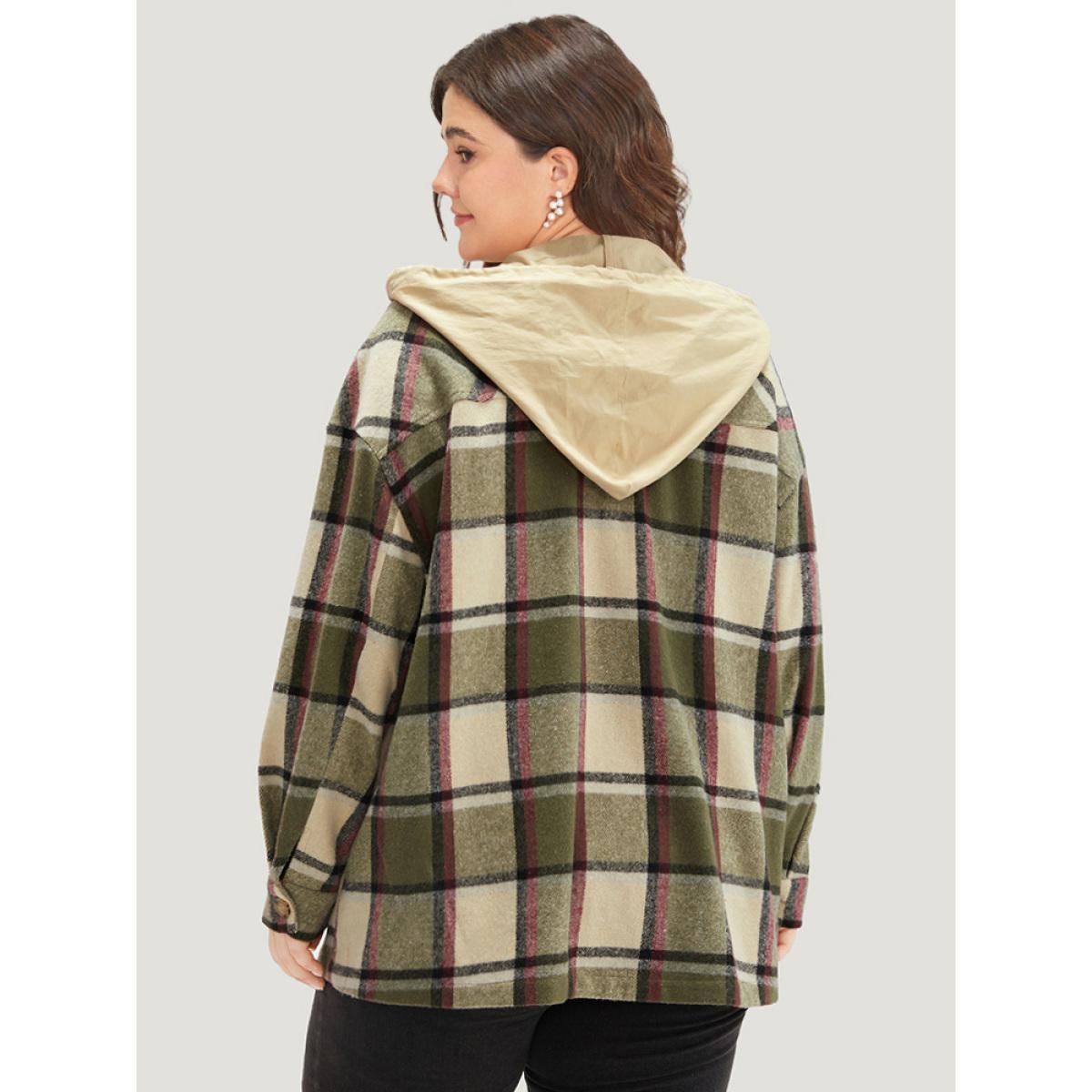 Plus Size Plaid Hooded Drawstring Pocket Coat Women Multicolor Contrast Pocket Dailywear Jackets BloomChic 10/M Product Image