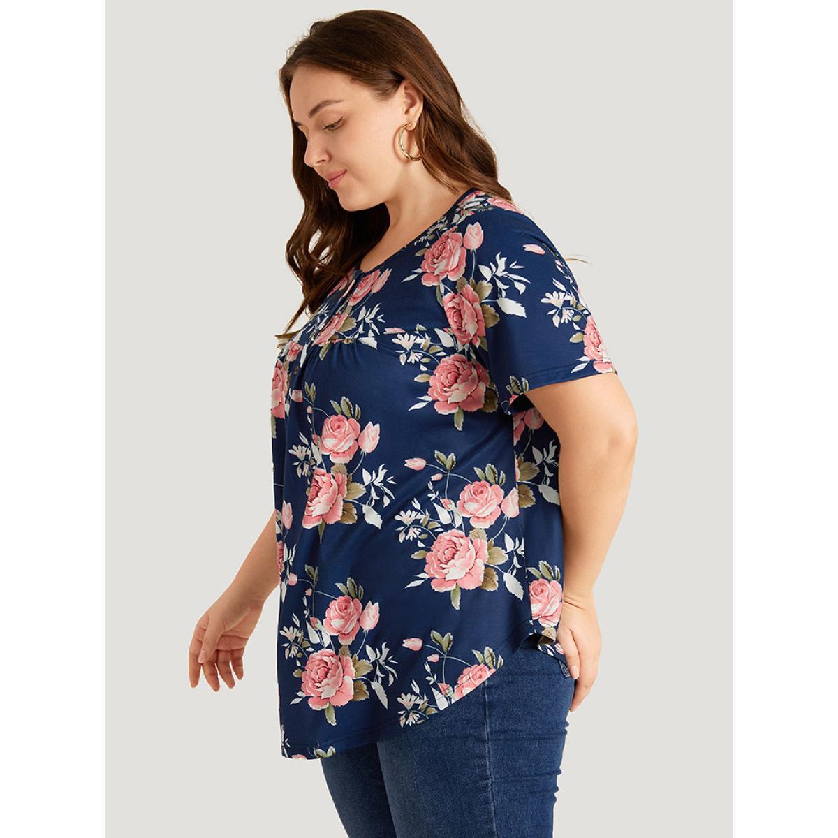 Plus Size Floral Print Button Up Flutter Gathered T-shirt Blue Women Elegant Printed Floral Open Front Dailywear T-shirts BloomChic 28/5X Product Image