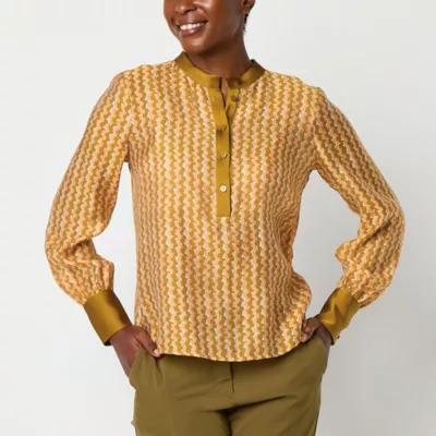Worthington Womens Henley Neck Long Sleeve Satin Blouse Product Image