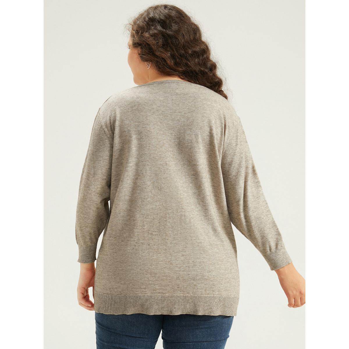 Plus Size Supersoft Essentials Button Detail Solid V Neck Cardigan Champagne Women Casual Elbow-length sleeve Dailywear Cardigans BloomChic 18-20/2X Product Image