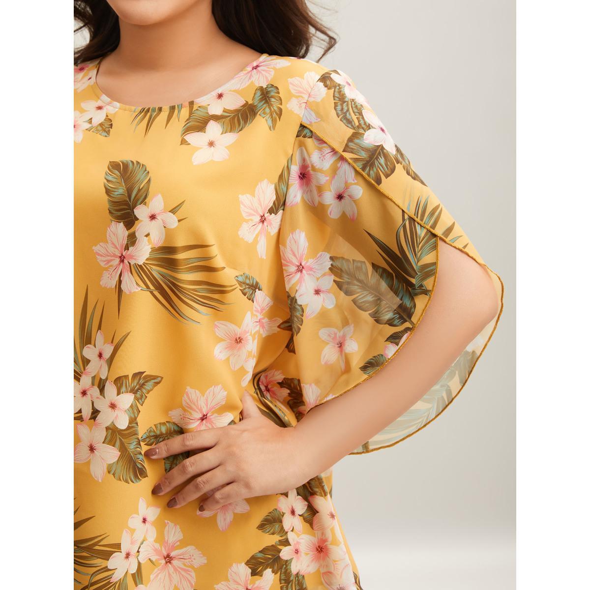 Plus Size Lemonyellow Petal Sleeve Floral Round Neck Shirt Women Elegant Elbow-length sleeve Round Neck Everyday Blouses BloomChic 14-16/1X Product Image