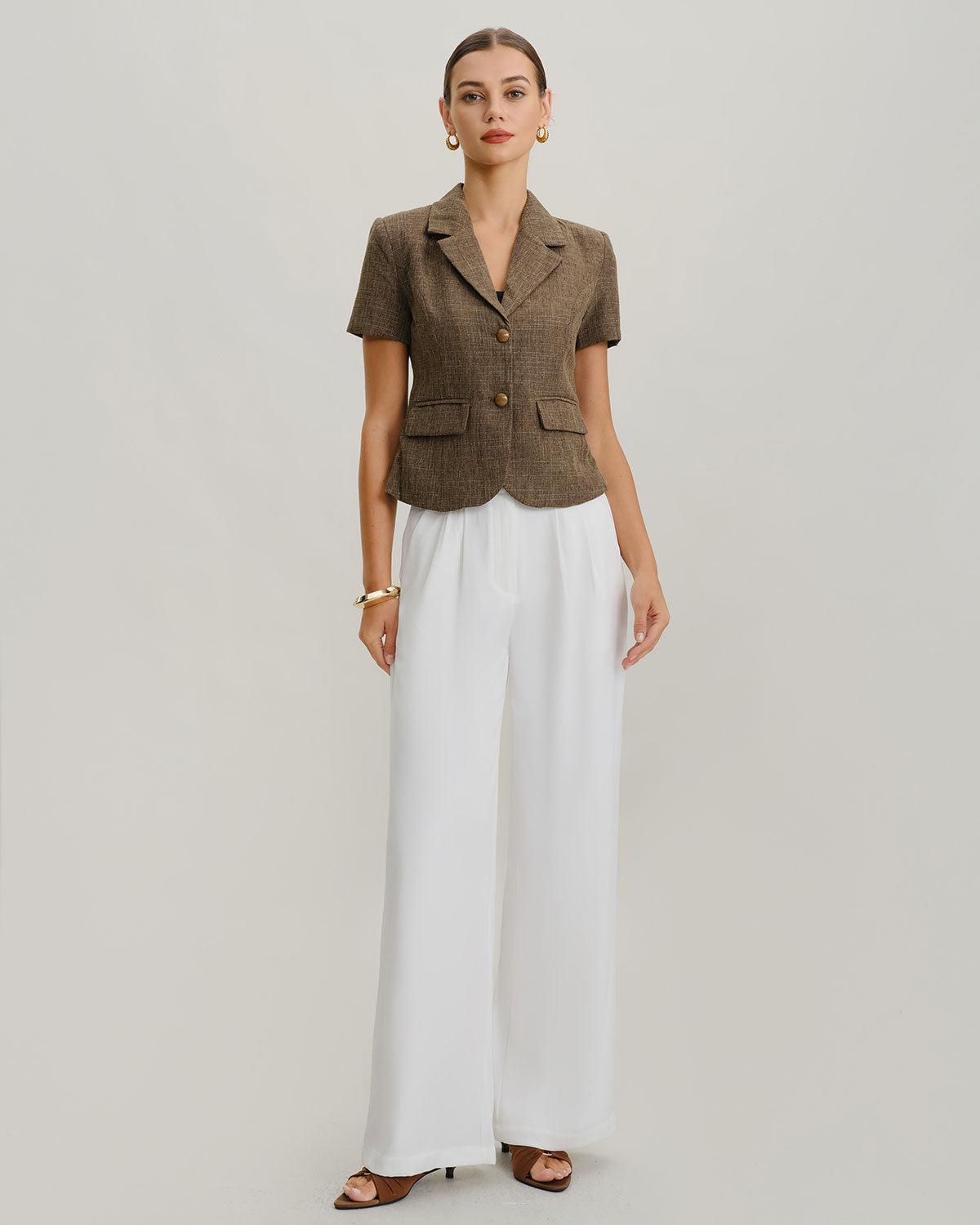 Brown Plaid Button Short Sleeve Jacket Product Image