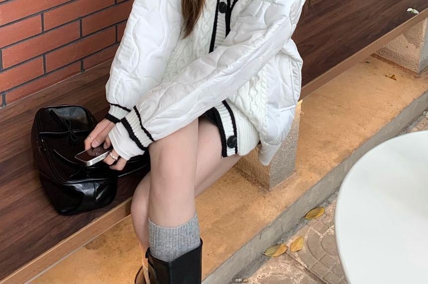 V-Neck Contrast Trim Cable Knit Oversized Cardigan Product Image
