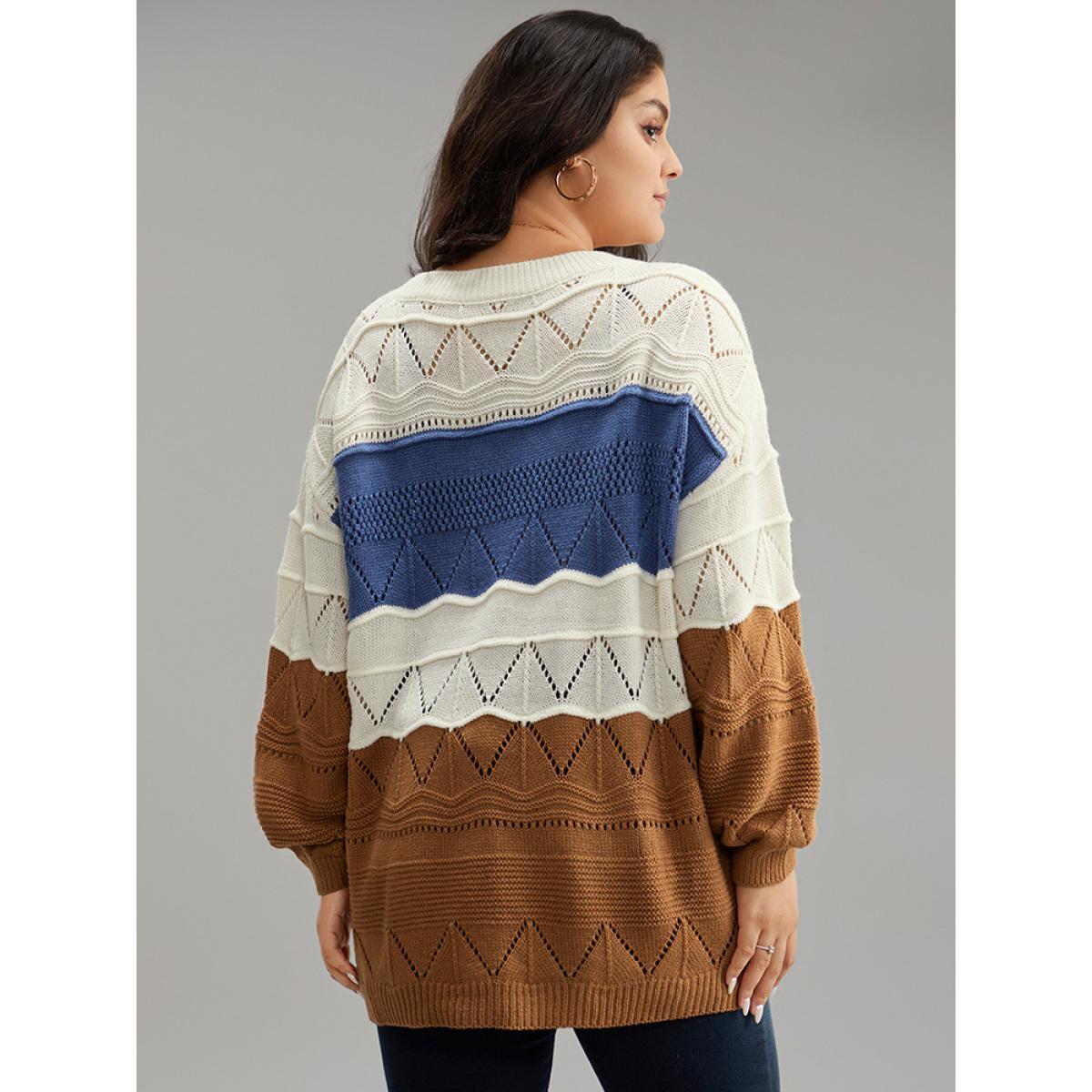 Plus Size Contrast Eyelet Patchwork Elastic Cuffs Pullover Multicolor Women Casual Loose Long Sleeve Round Neck Dailywear Pullovers BloomChic 18-20/2X Product Image