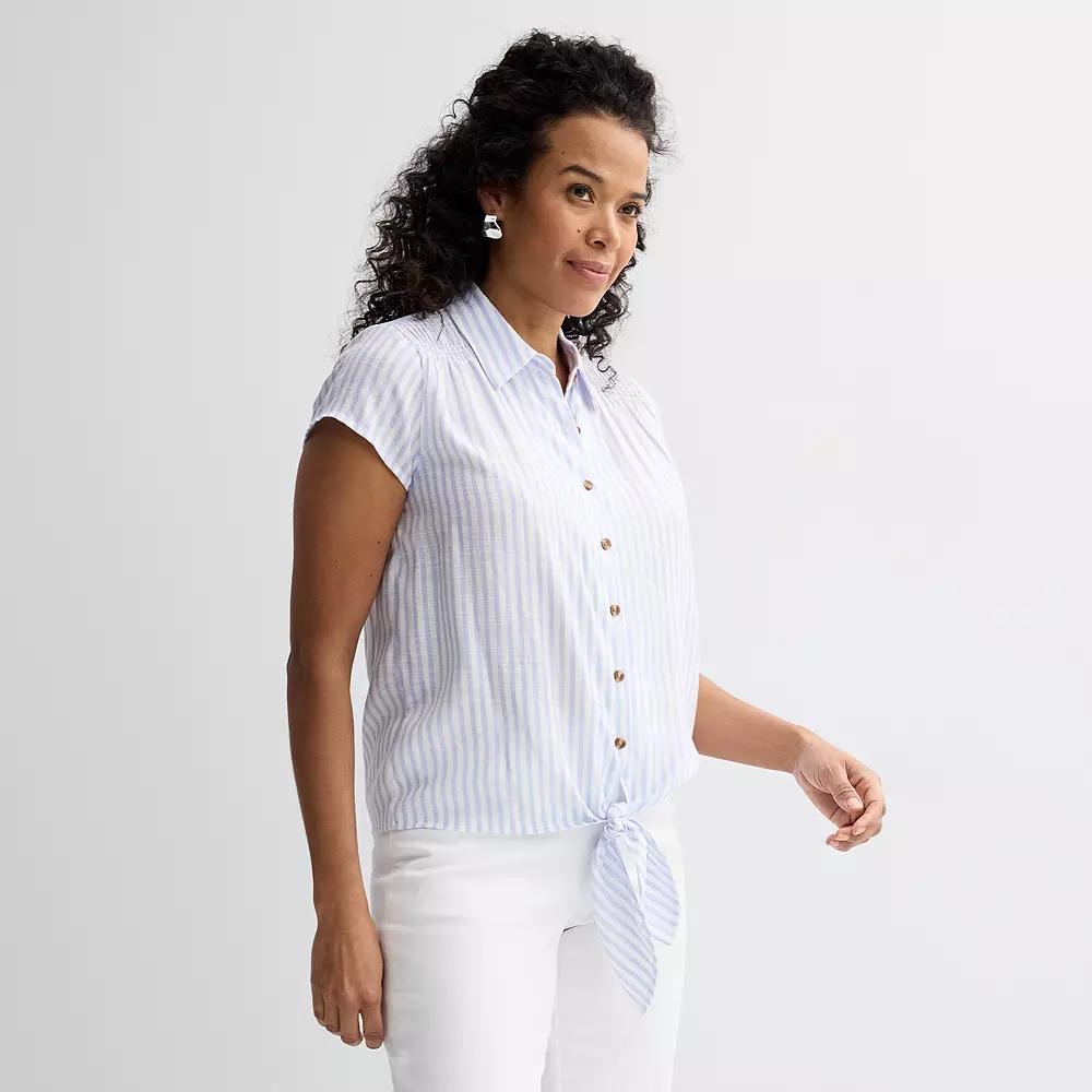 Women's Croft & Barrow® Tie-Front Shirt, Size: Small, Blue White Stripe Product Image