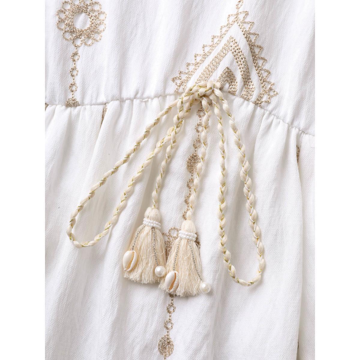 Plus Size Boho Embroidered Waist Tie Midi Dress Beige Women V-neck Sleeveless Curvy BloomChic 12/L Product Image