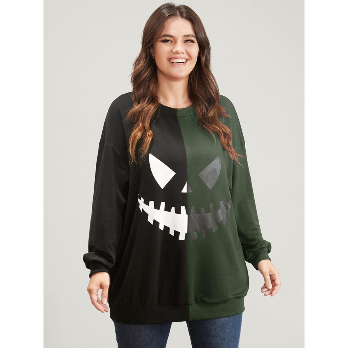 Plus Size Halloween Contrast Drop Shoulder Sweatshirt Women ArmyGreen Party Contrast Round Neck Festival-Halloween Sweatshirts BloomChic 28/5X Product Image