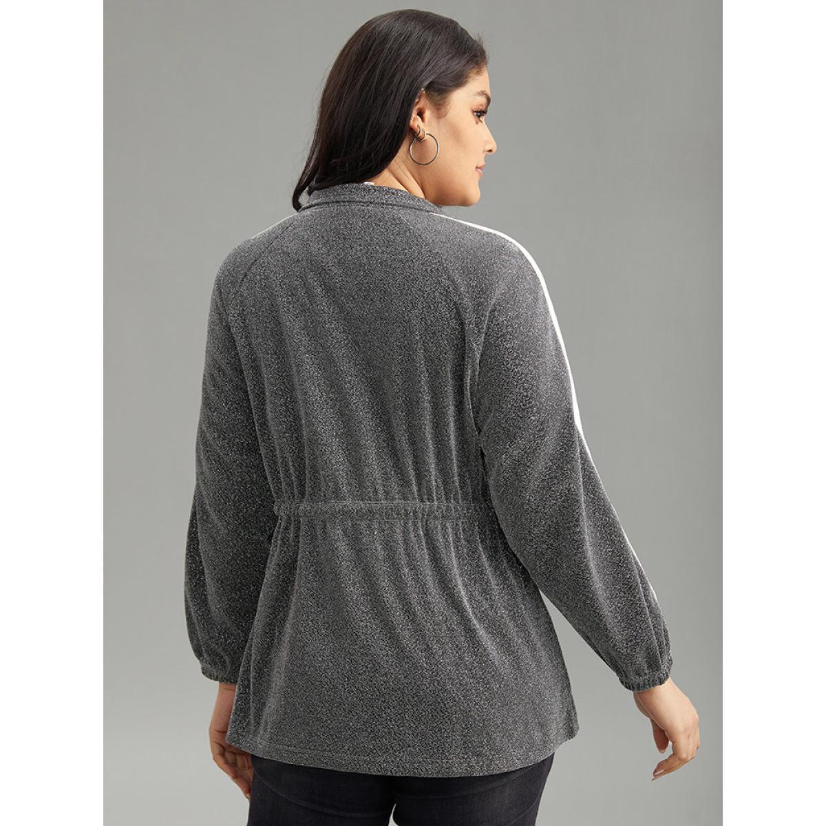 Plus Size Patchwork Contrast Trim Drawstring Zipper Jacket Women DimGray Contrast Dailywear Jackets BloomChic 28/5X Product Image