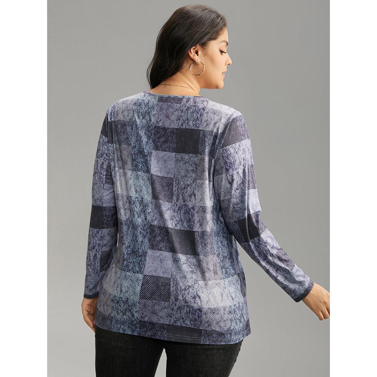 Plus Size Colorblock Contrast Plaid Round Neck T-shirt Aegean Women Casual Contrast Plaid Round Neck Dailywear T-shirts BloomChic 10/M Product Image