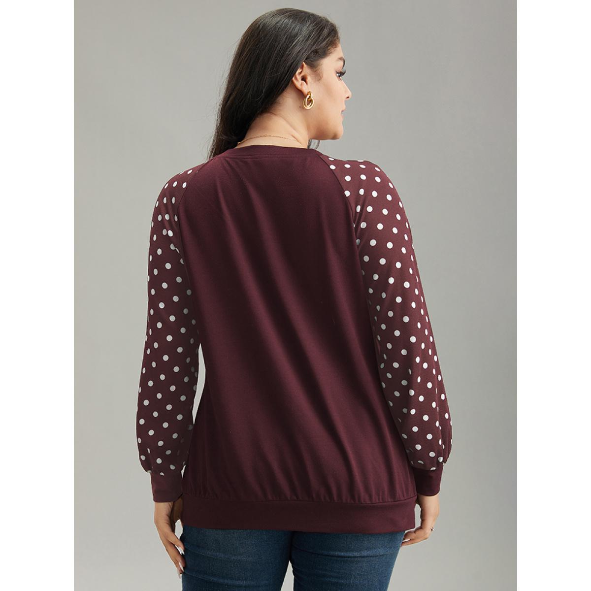 Plus Size Polka Dot Patchwork Raglan Sleeve Sweatshirt Women Burgundy Casual Elastic cuffs Round Neck Everyday Sweatshirts BloomChic 18-20/2X Product Image