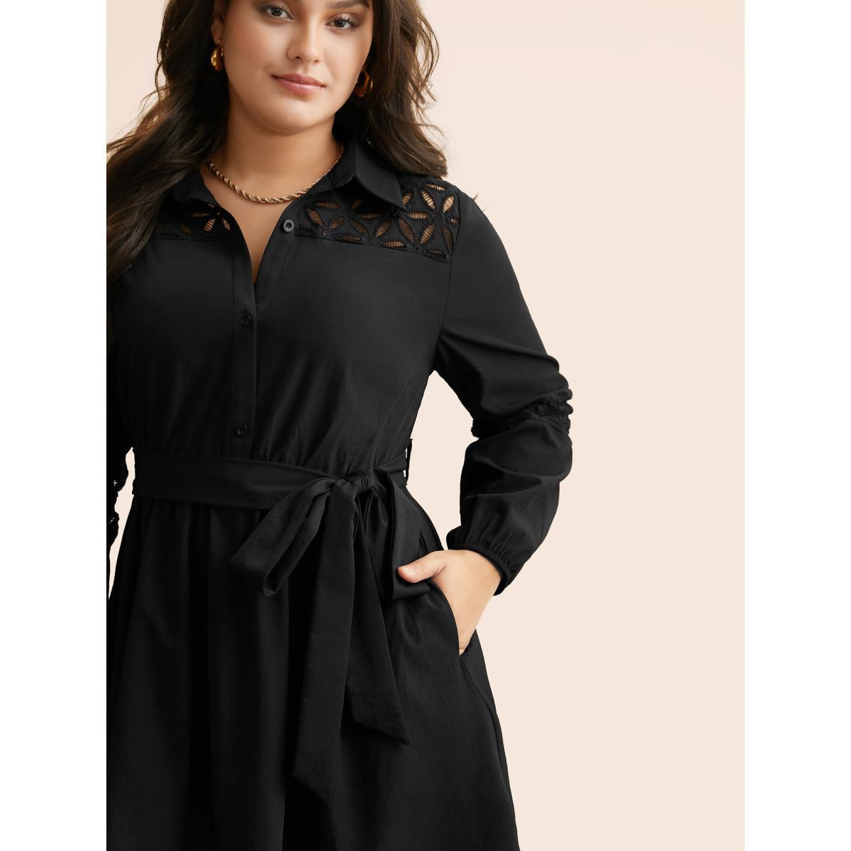 Plus Size Solid Button Up Woven Ribbon Dress Black Women At the Office Woven ribbon&lace trim Shirt collar Long Sleeve Curvy BloomChic 30/6X Product Image
