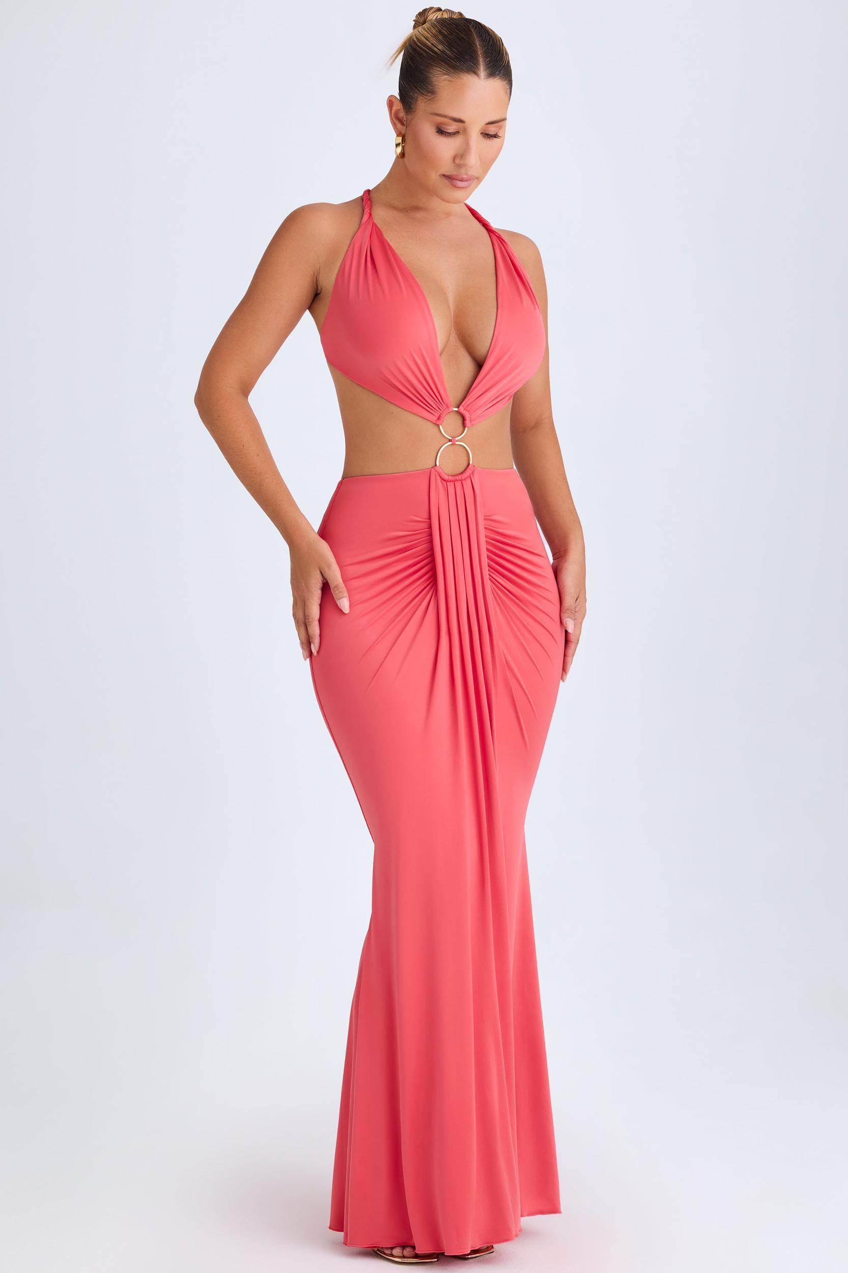 Hardware Detail Cut-Out Halterneck Maxi Dress in Coral Product Image