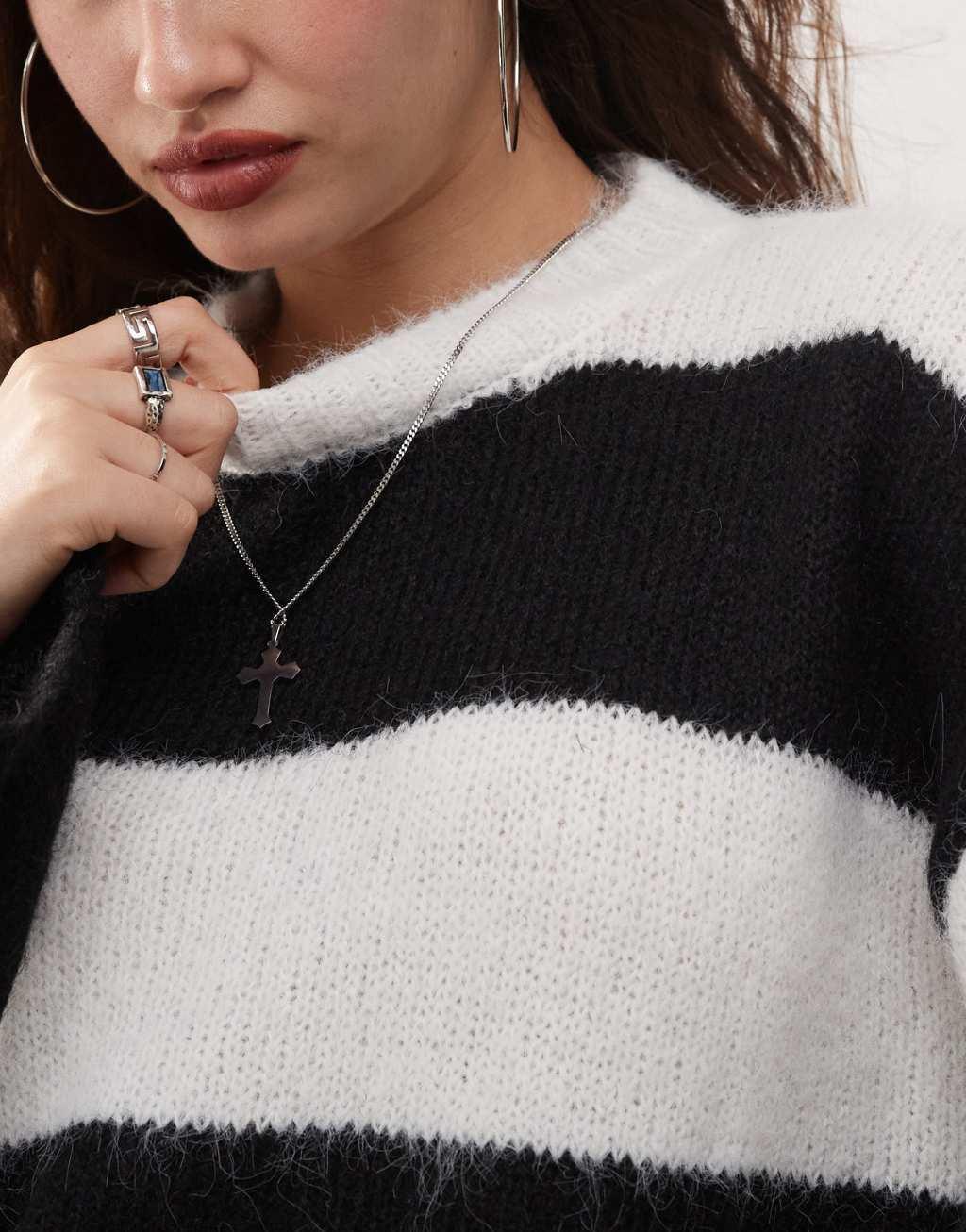 Noisy May oversize fuzzy sweater in black & stone stripes Product Image